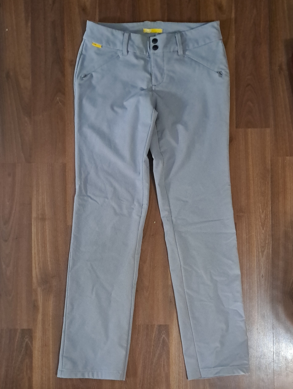 Lole Women's Straight-Leg Pants in Light Gray with Yellow Accents. Work Pants